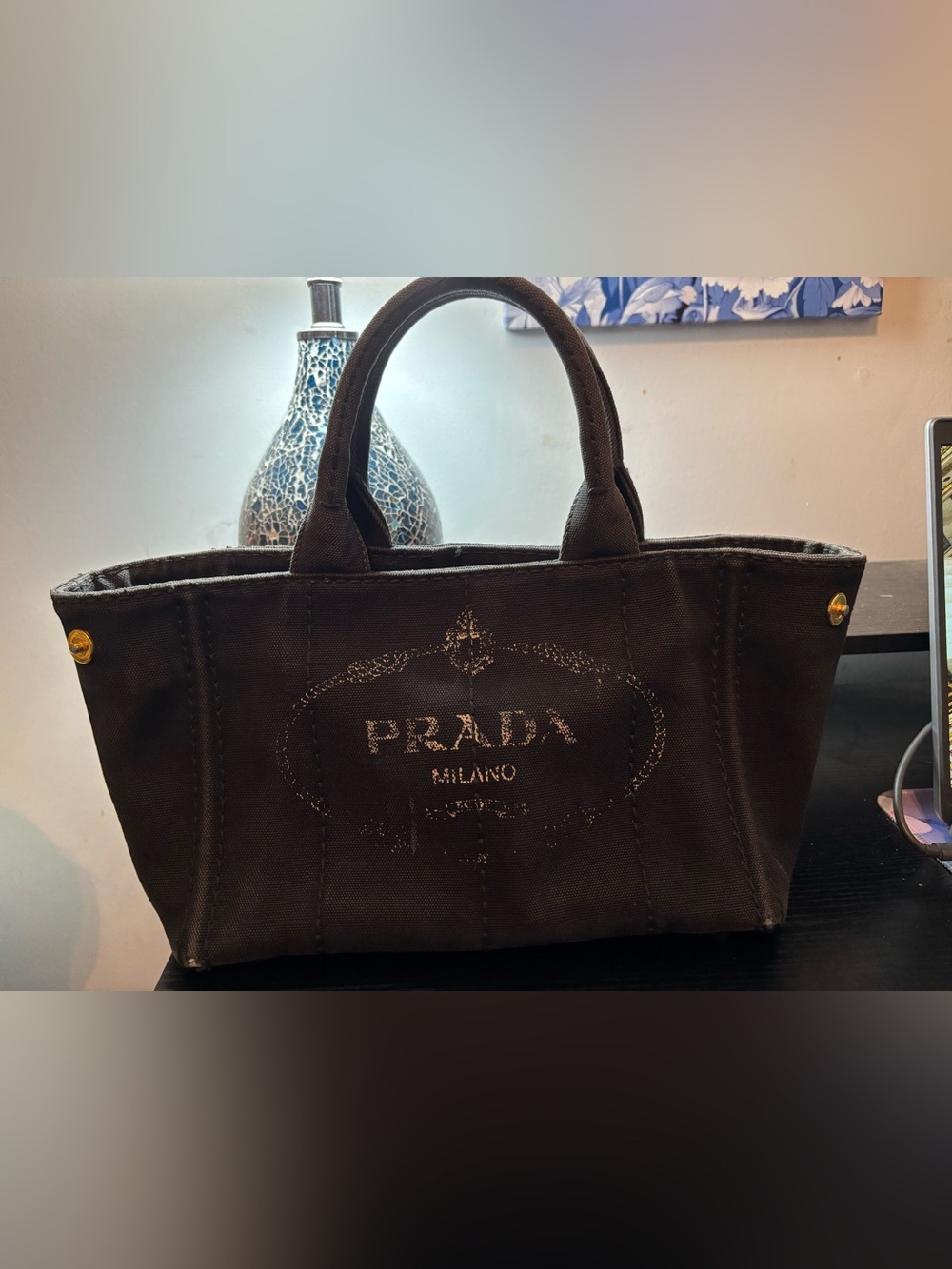 Authentic Prada Black Canapa Canvas Small Tote Bag
